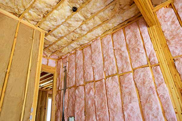 Wooden skeleton of a home with insulation installed
