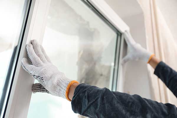 Worker with gloves in the process of installing a new white window